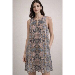 Lavender Brown Sonna Silk Keyhole A-Line Shift Dress Sz L Floral Pockets Blue